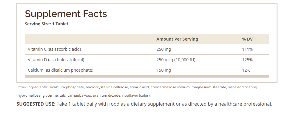 Sunshine In A Tablet Maximum Strenght Vitamin D3 250mcg (10,000i.u) With Vitamin C-60Serv.-60Tabs.