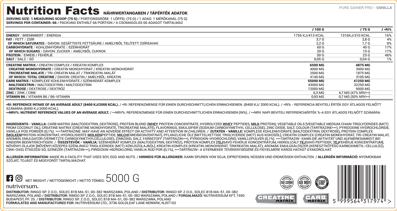 Nutriversum Pure Gainer Pro-66Serv.-5000G-Chocolate