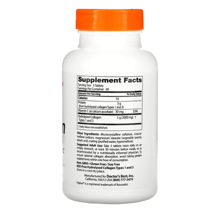 Doctor's Best Collagen Types1 And 3 With Peptan And Vitamin c-60Serv.-180Tablets