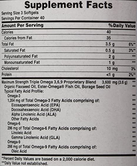 Puritan's Pride Premium Triple Omega 3,6,9-40Serv.-120Soft Gels