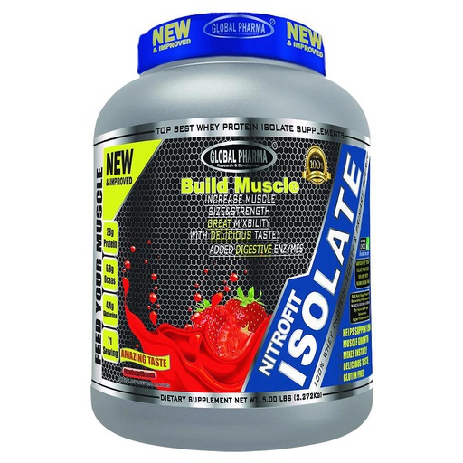 [6224009728022] Global Pharma Muscle build Nitro fit isolate-71Serv.-2.27Kg-Strawberry