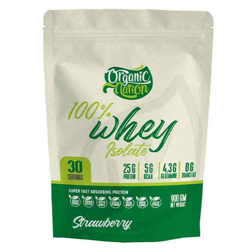 [6222023701021] Organic Nation 100% Isolate whey-30Serv.-900G-Strawberry